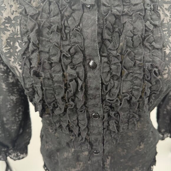Tribeca Black Sheer Floral Ruffle Button-Up Blouse 3/4 Sleeve Womens S - Picture 7 of 11